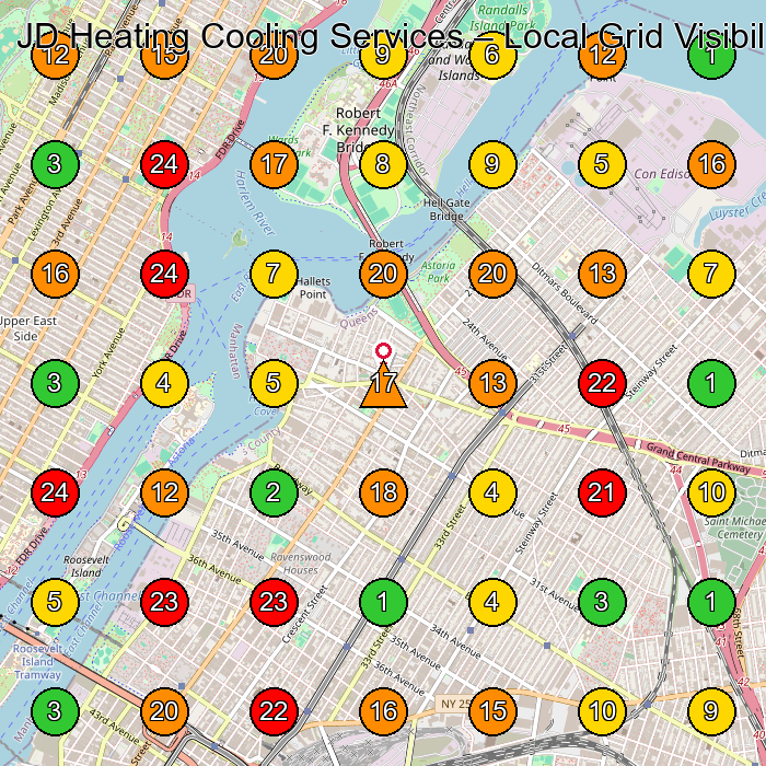 JD Heating Cooling Services Air Conditioning Contractor GeoGrid ranking map for Long Island City NY